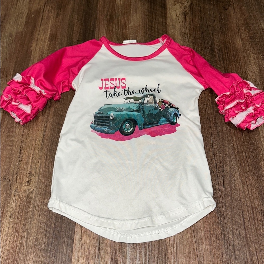 Girl Boutique Shirt Jesus take the Wheel fits a size 5 Ruffle Sleeves